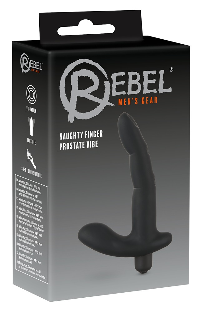 Eine schwarze Schachtel für Rebel Men's Gear Naughty Finger Prostate Vibe.
