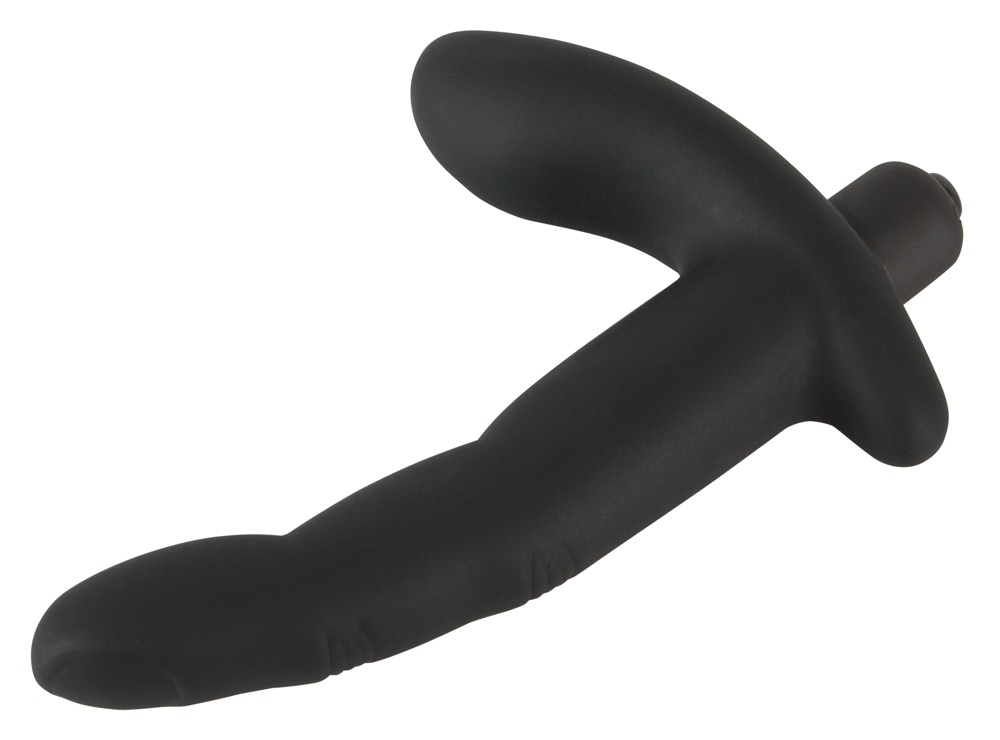 Ein mattes, schwarzes Wellnessprodukt aus Silikon mit ergonomischem Design auf weißem Hintergrund.