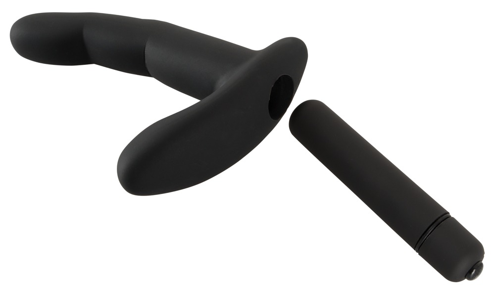 Ein schwarzes, ergonomisch geformtes Wellnessprodukt mit abnehmbarem Zylinder auf weißem Grund.