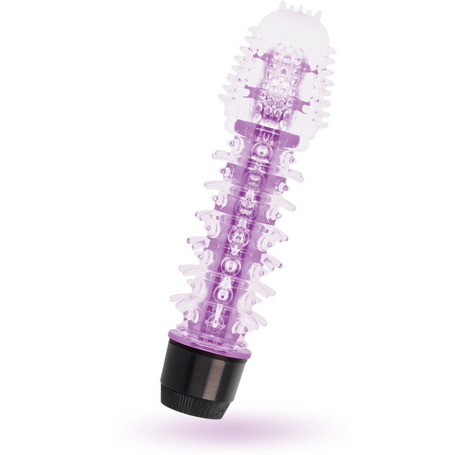 Un juguete sexual morado y texturizado con una base negra sobre un fondo blanco.
