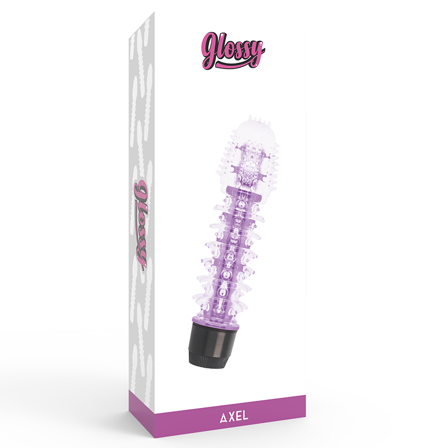 Masturbador morado en envase blanco con el nombre axel.