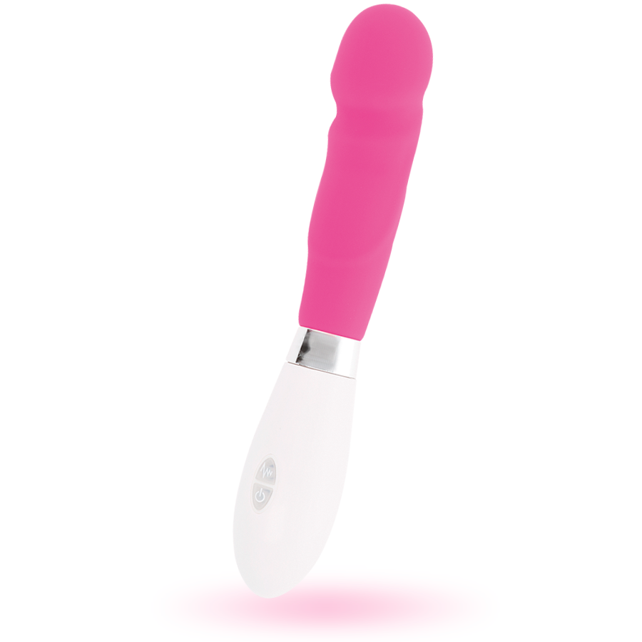 Un vibrador rosa con base blanca y detalles plateados sobre fondo blanco.