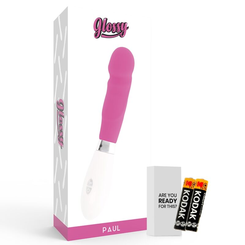 Caja de vibrador Glossy Paul rosa y blanca con dos pilas Kodak y una caja pequeña.