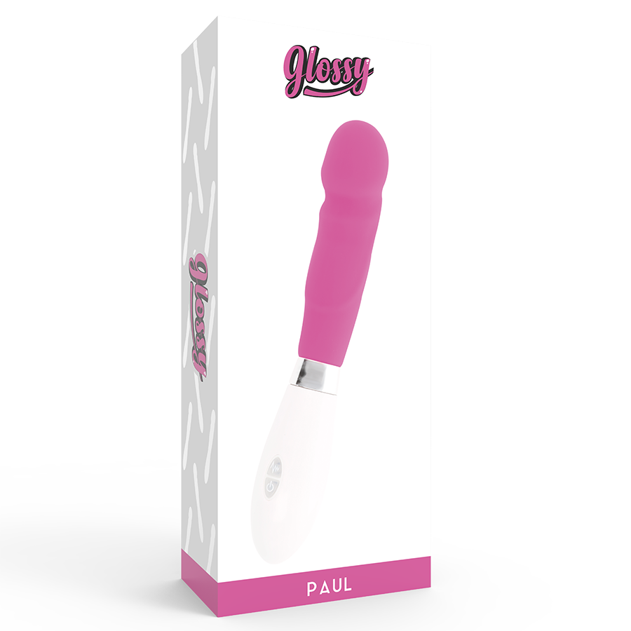 Un vibrador rosa y blanco frente a su caja de producto a juego con la marca Glossy y el modelo Paul.