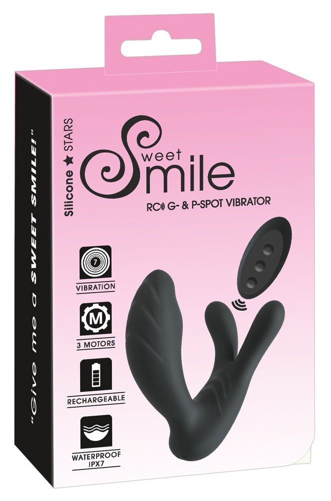 Rosa Verpackung für Sweet Smile G- und P-Punkt-Vibrator, schwarz, mit Fernbedienung und Icons.