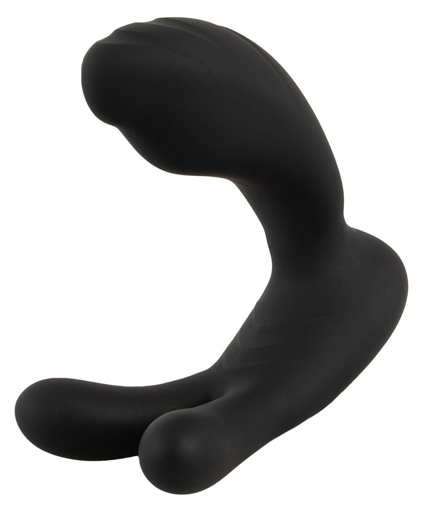 Ein schwarzes, ergonomisch geformtes Sexspielzeug aus Silikon vor weißem Hintergrund.