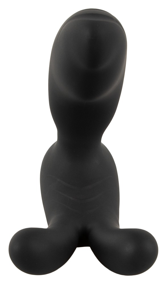 Ein glattes, schwarzes, silikonartiges Wellness-Objekt mit abgerundeten Formen auf weißem Hintergrund.