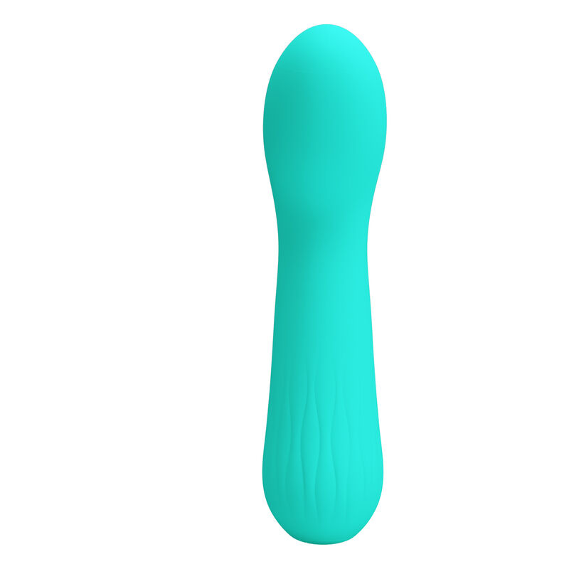 Un vibrador cilíndrico de color turquesa con un diseño curvo sobre un fondo blanco.