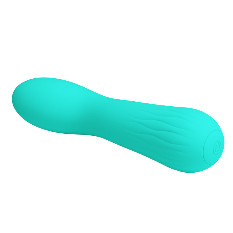 Un vibrador turquesa de forma ergonómica con textura ondulada y un botón de encendido.