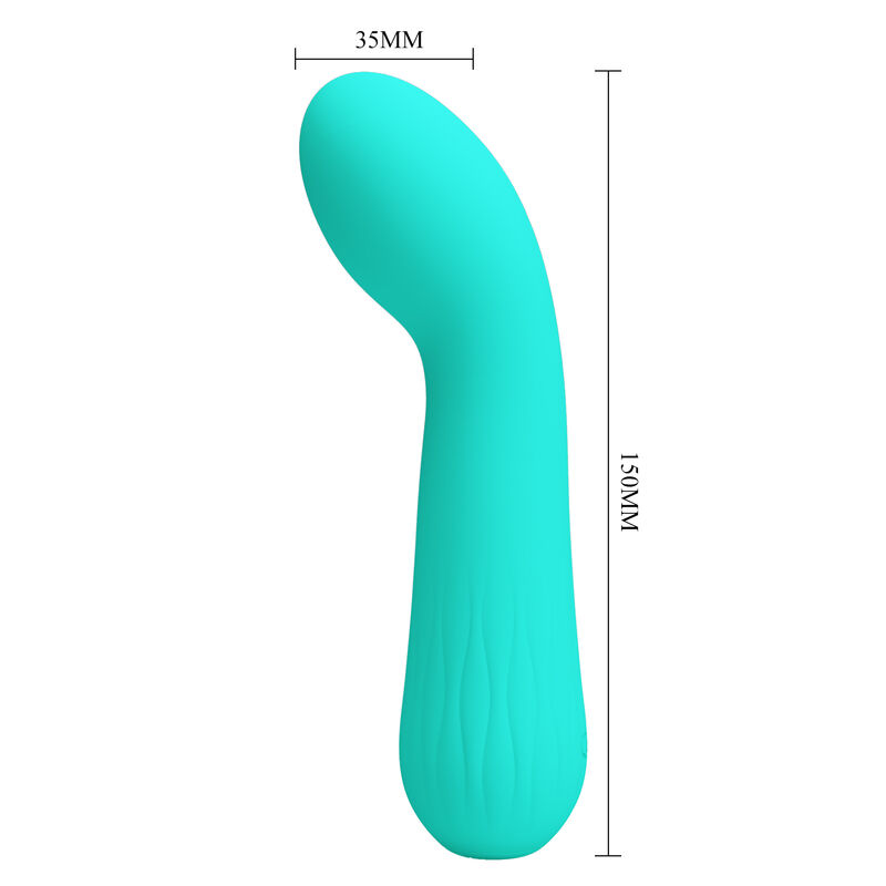 Vibrador de color verde azulado con forma ergonómica y medidas de 35 mm y 150 mm sobre un fondo blanco.