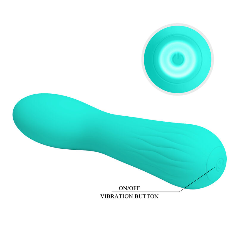 Un vibrador turquesa con cuerpo texturizado y botón de encendido, además de una vista superior del botón.