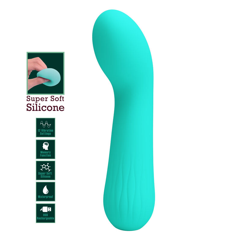 Vibrador de silicona suave turquesa con diseño ondulado e iconos de características a la izquierda.