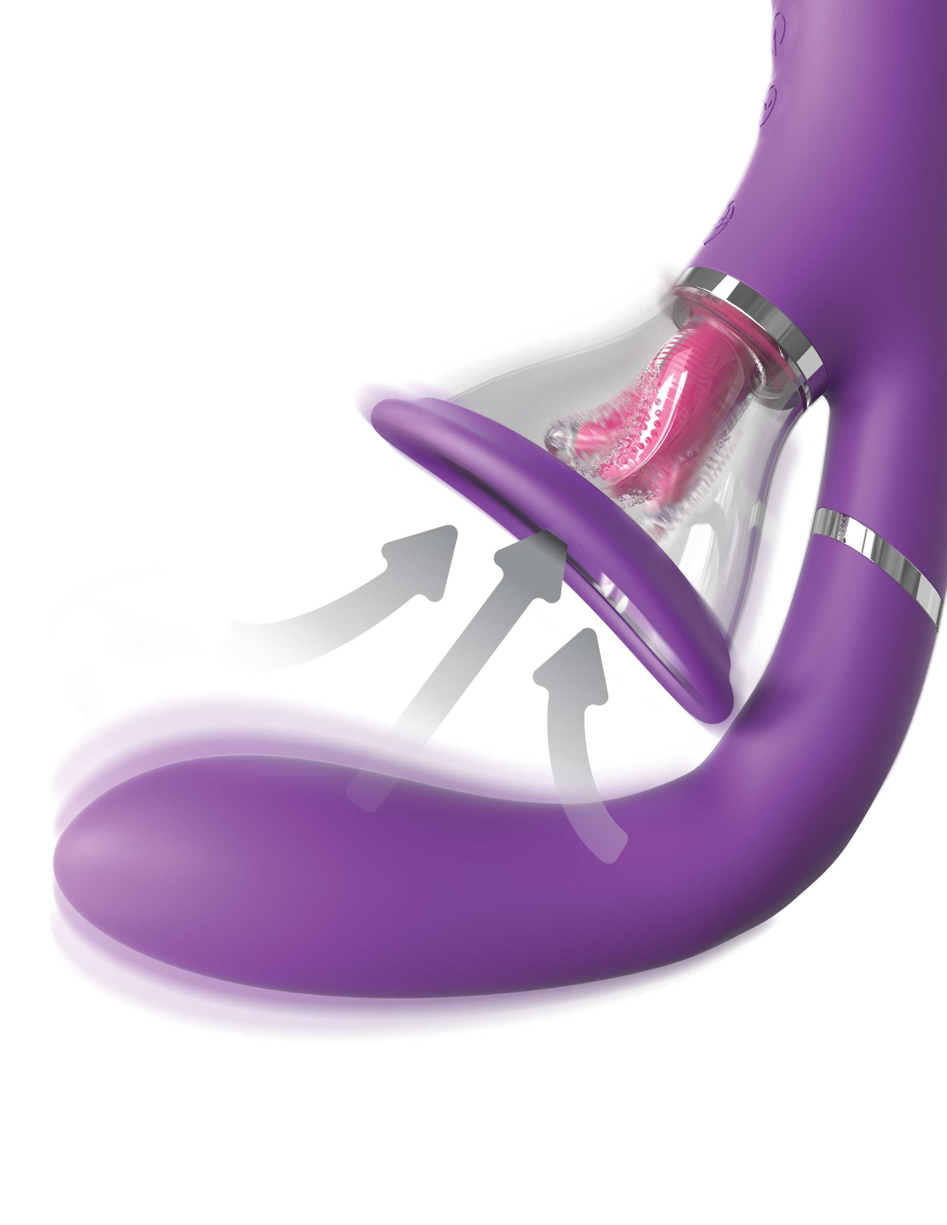 Dispositivo de bienestar morado con accesorio de succión y flechas.