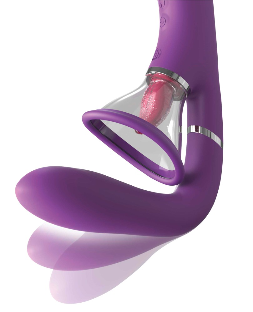 Dispositivo de bienestar morado con accesorio transparente y detalles rosas sobre fondo blanco.