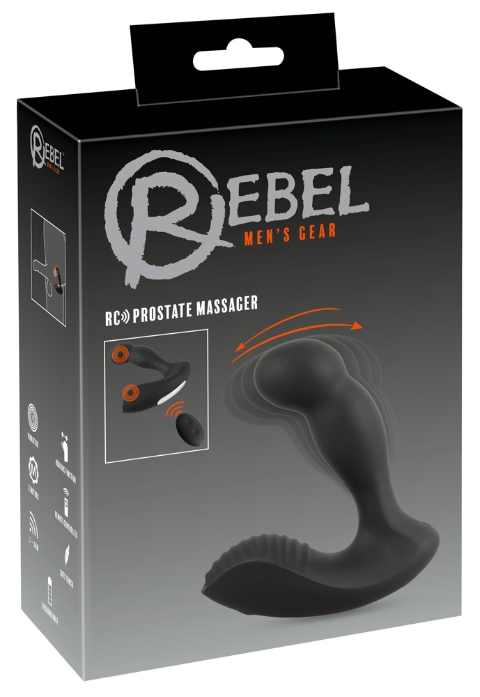 Schwarze Produktverpackung eines Rebel RC Prostata-Massagers mit Abbildung des Geräts und Symbolen auf der Seite.