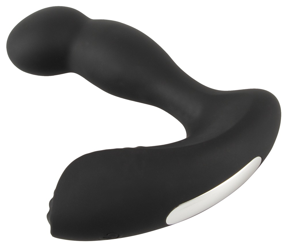 Ein geschwungenes, schwarzes Silikon-Wellnessspielzeug auf weißem Grund mit ergonomischen Kugeln und Metallakzent.