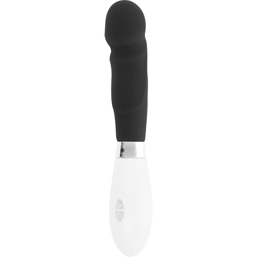 Un juguete sexual negro ondulado con un mango blanco en forma de huevo y un anillo plateado.