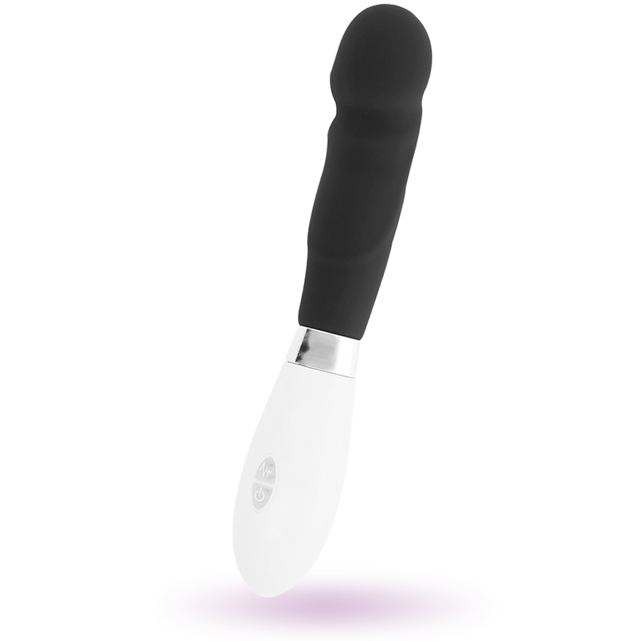 Un vibrador en blanco y negro con detalles plateados sobre un fondo blanco.