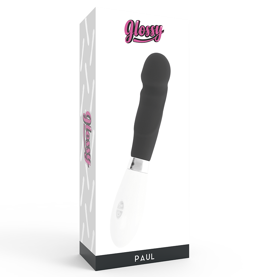 Una caja blanca etiquetada como Glossy y Paul muestra un vibrador negro con mango blanco.
