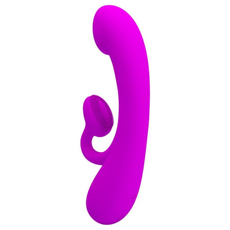 Un vibrador de doble estimulación de silicona magenta con eje curvo y brazo texturizado sobre un fondo blanco.