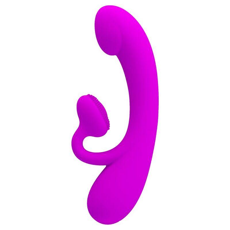 Un juguete sexual de silicona rosa curvado con dos estimuladores sobre fondo blanco.