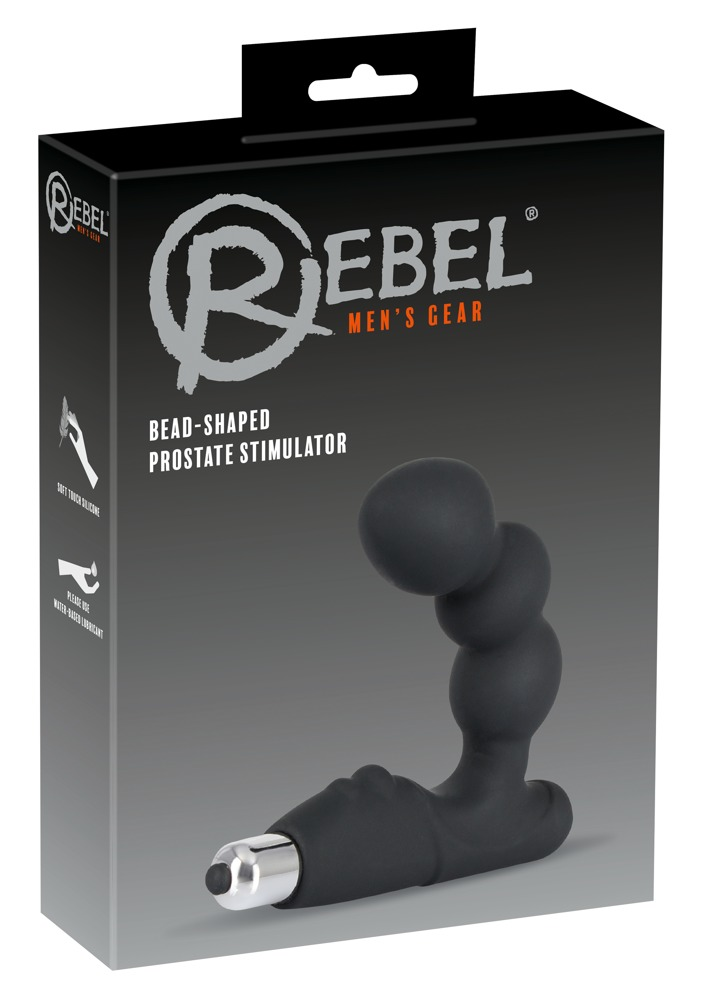 Schwarze Box von Rebel Men's Gear mit einem perlenförmigen Prostatastimulator davor.