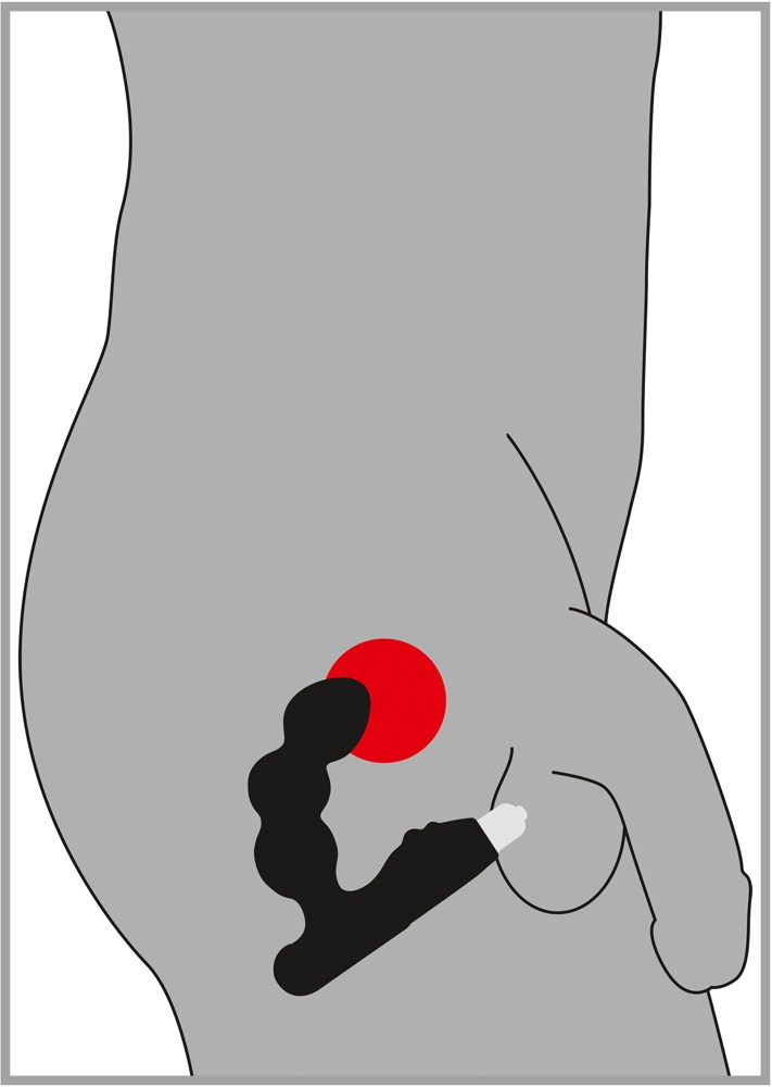 Diagramm zeigt ein schwarzes Wellness-Gerät zwischen den Beinen mit rotem Punkt.