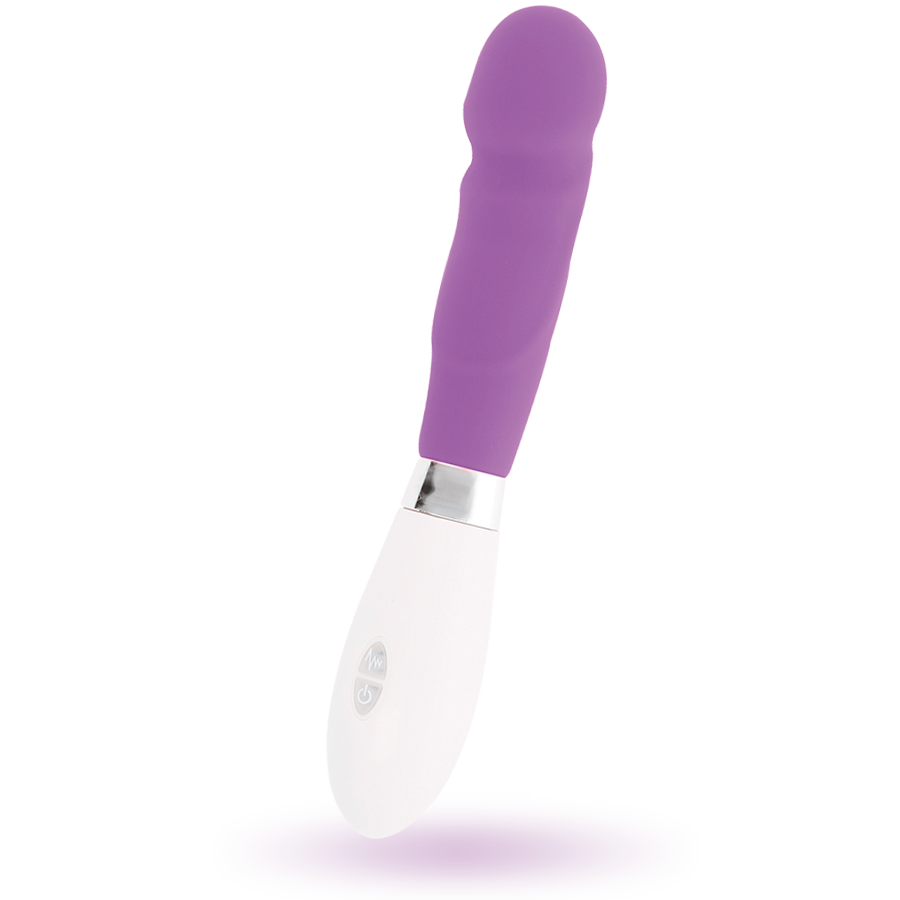 Un vibrador morado y blanco con un anillo plateado sobre fondo blanco.
