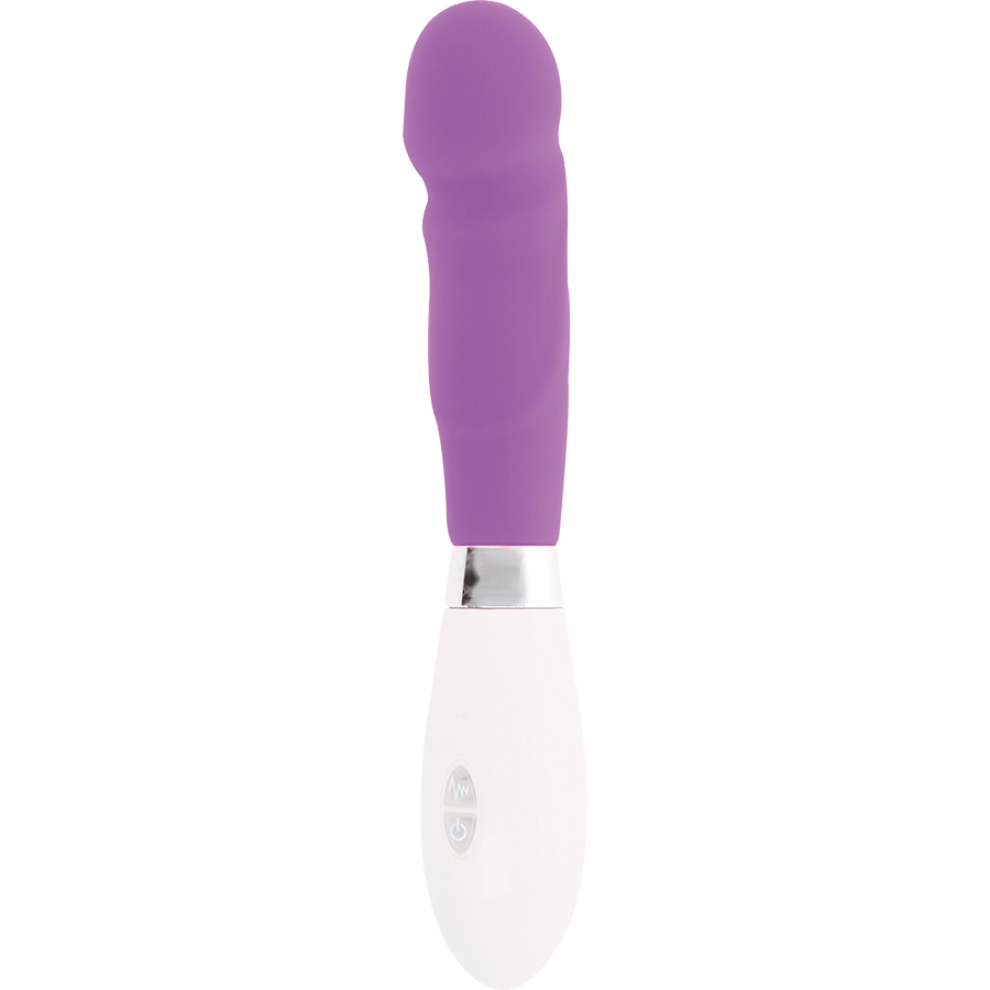 Un juguete de bienestar morado y blanco con parte superior curvada y anillo plateado sobre fondo blanco.