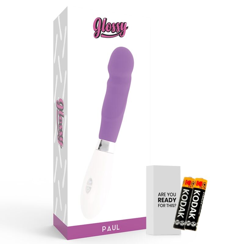 Vibrador morado llamado Paul de Glossy, mostrado con su caja y dos pilas Kodak.