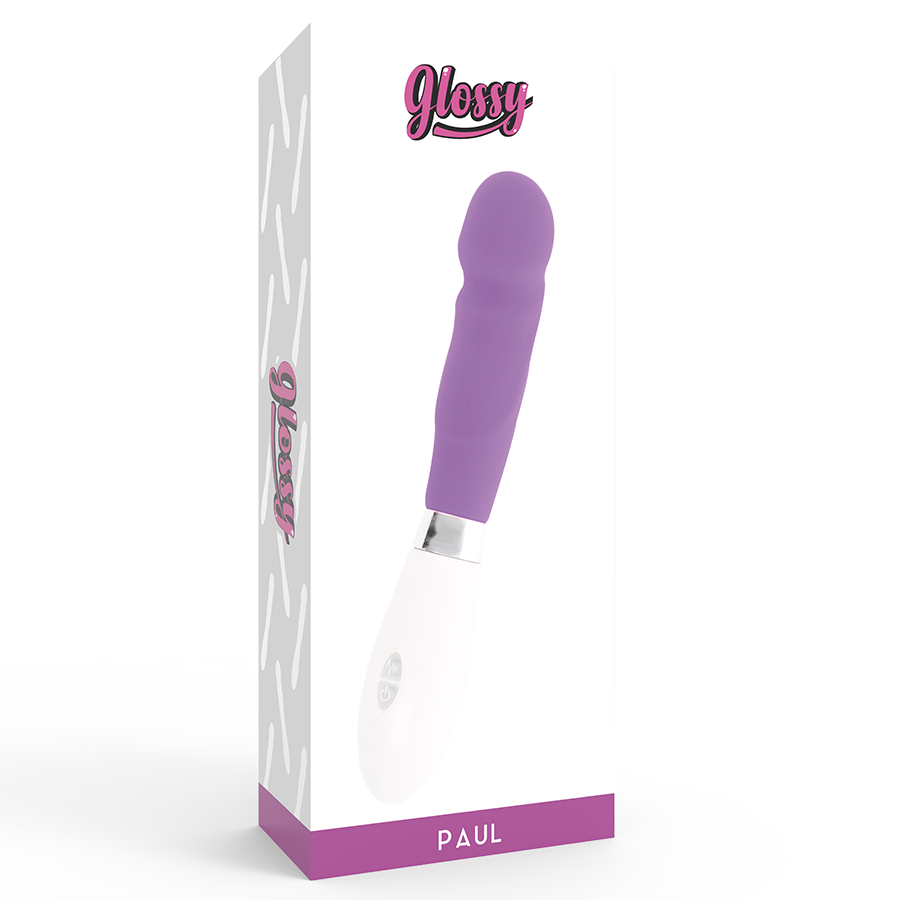 Un vibrador morado y blanco dentro de una caja blanca con el texto Glossy Paul.
