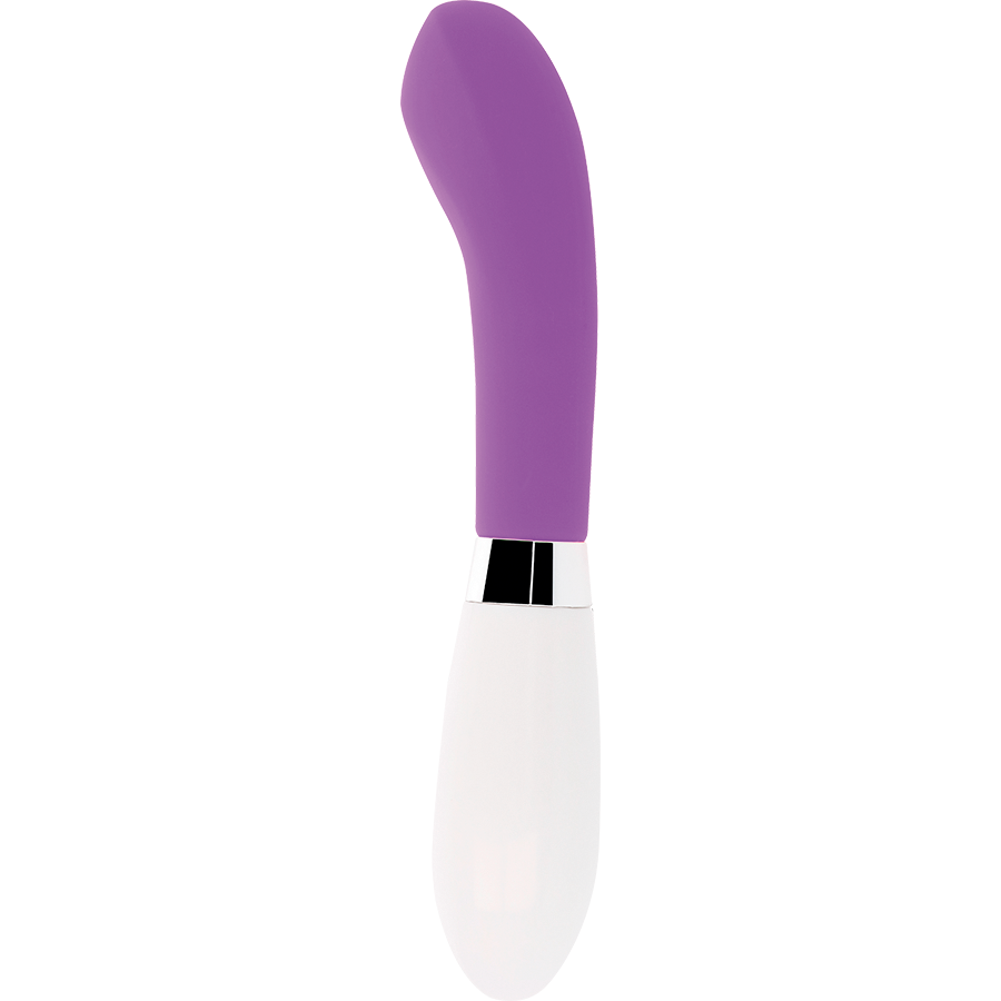 Un masajeador morado y blanco con forma curva y una banda plateada sobre un fondo blanco.