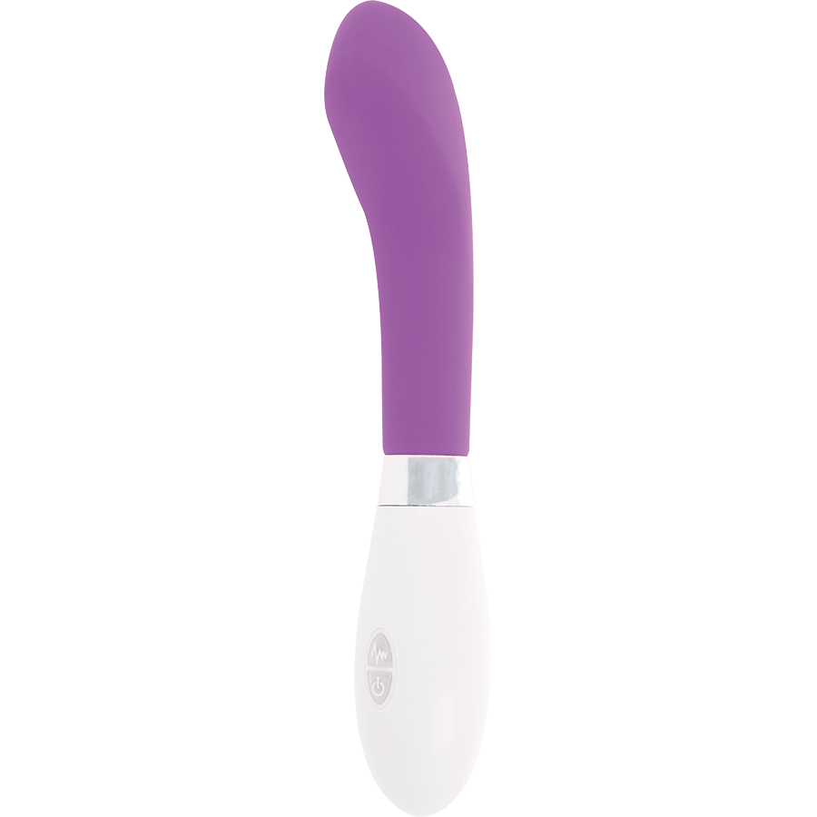 Un dispositivo de bienestar morado y blanco con forma curva sobre fondo claro.