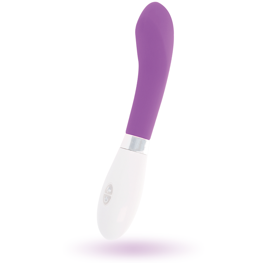 Un vibrador de color morado y blanco con diseño curvo sobre fondo blanco.