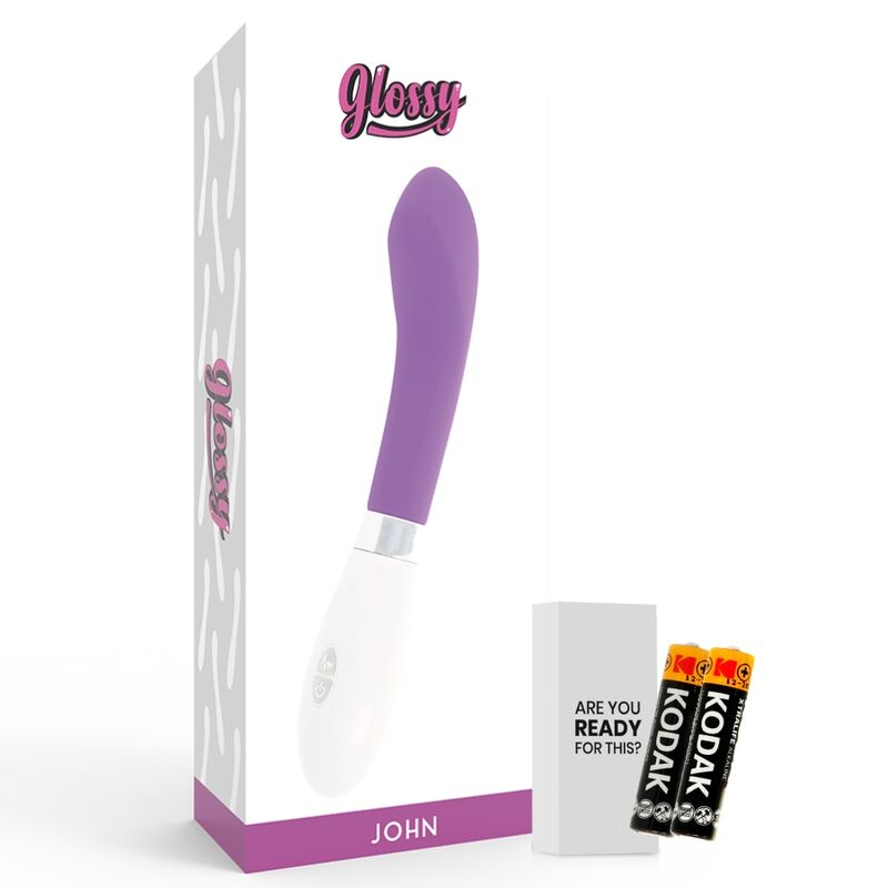 Vibrador morado y blanco en una caja con la marca Glossy, acompañado de dos pilas Kodak.