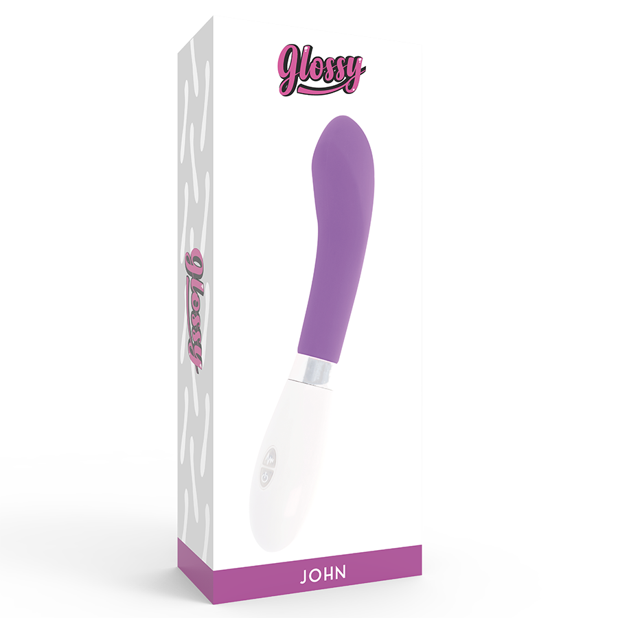 Un vibrador morado y blanco dentro de una caja vertical con las etiquetas Glossy y John.
