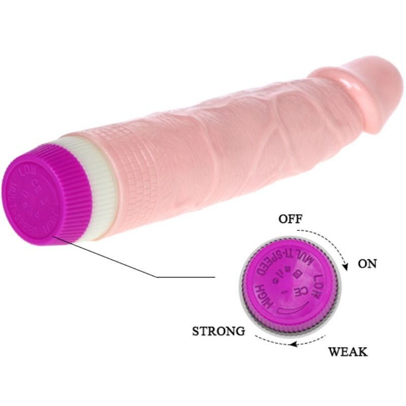 Ein rosafarbenes Sextoy mit einem violetten Drehregler für die Stärke und einem weißen Sockel.