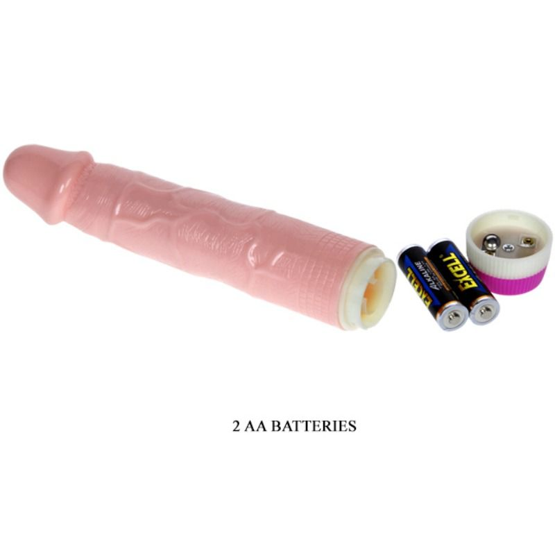 Ein rosafarbener Dildo mit abnehmbarer Kappe und zwei AA-Batterien auf weißem Hintergrund.