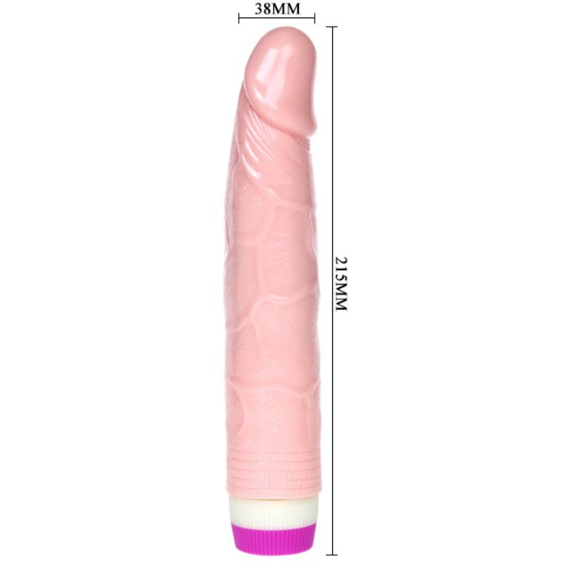 Ein rosafarbenes realistisches Sexspielzeug mit Abmessungen von 38 mm Breite und 215 mm Länge auf weißem Hintergrund.