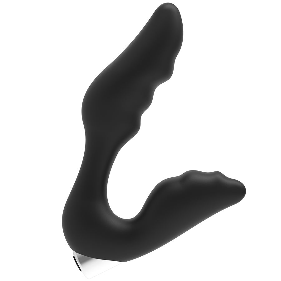 Un masajeador negro curvado con una base plateada sobre fondo blanco.