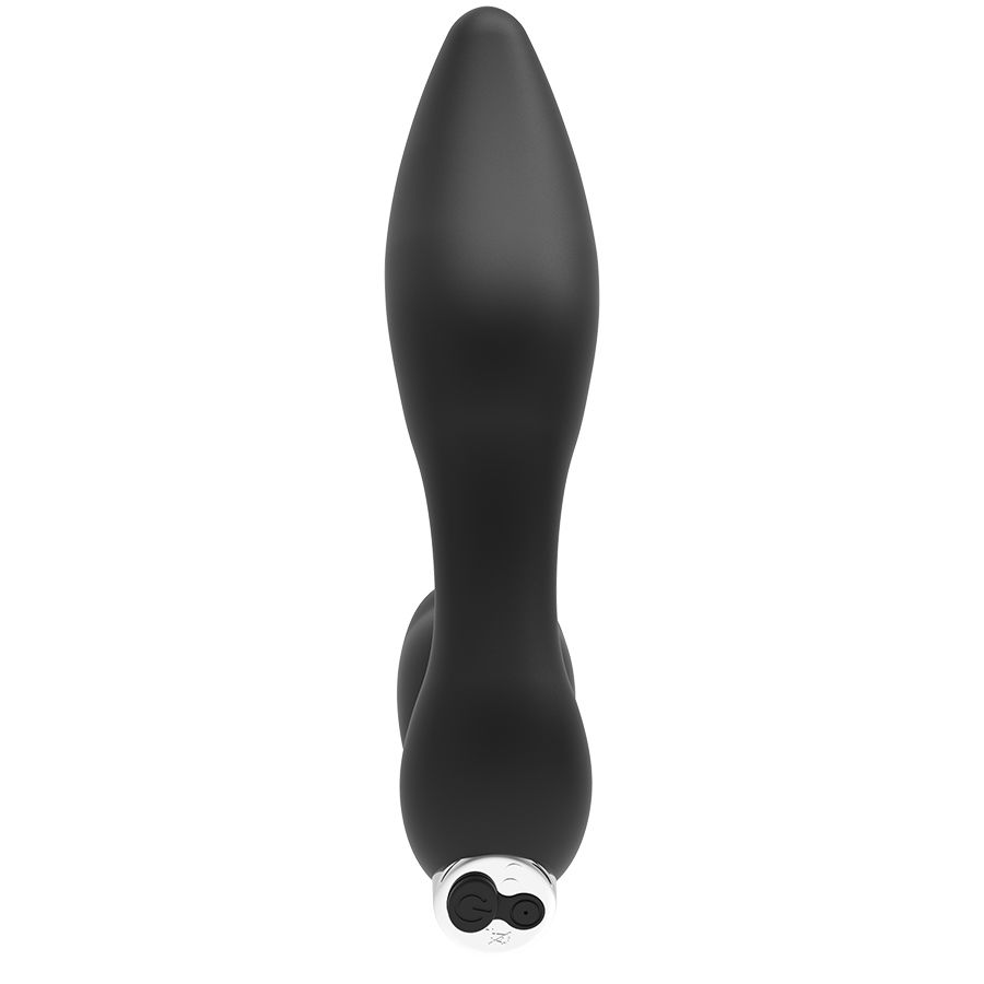 Un accesorio de bienestar negro y liso con forma cónica y base plateada sobre fondo blanco.