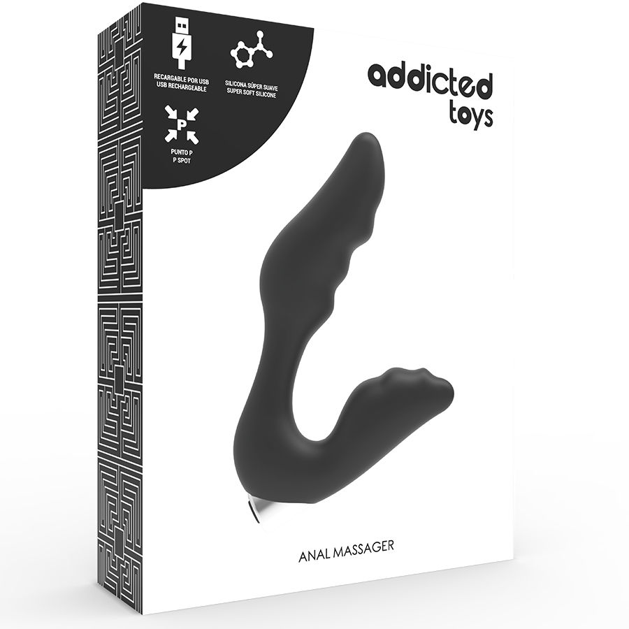 Empaque del producto para un masajeador anal negro Addicted Toys sobre fondo blanco.