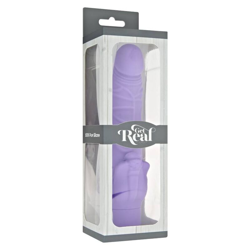 Un vibrador de silicona morado en una caja blanca con la marca Get Real.
