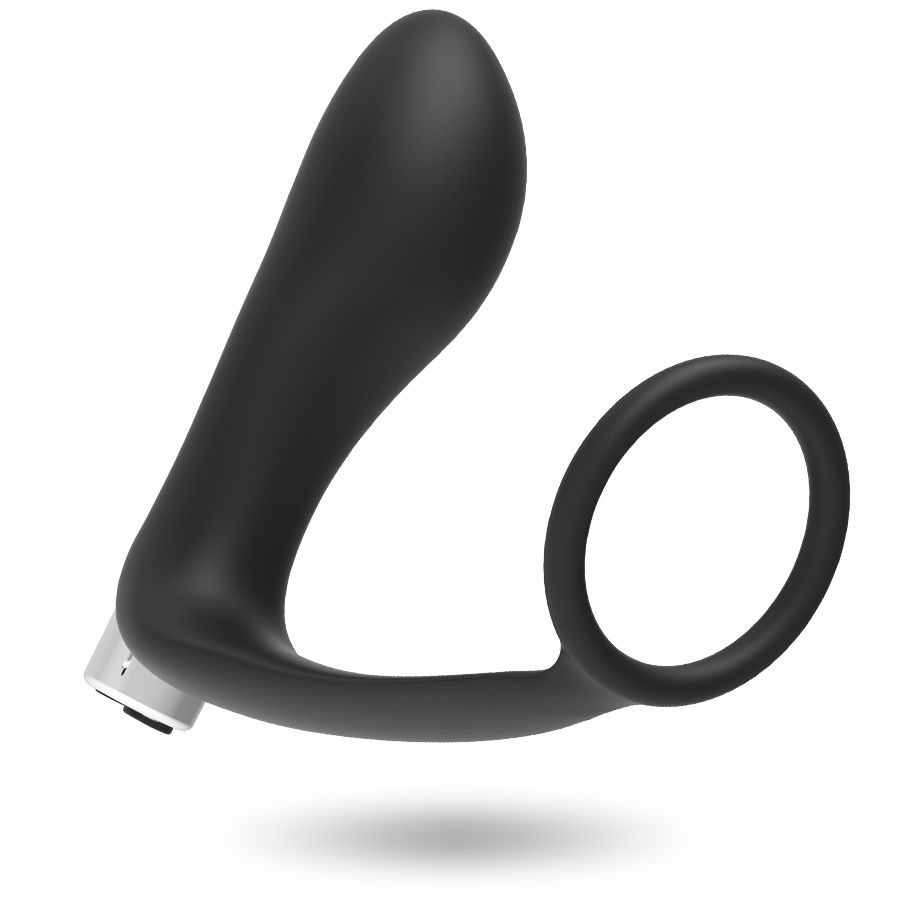 Un juguete de silicona negro liso con eje redondeado, anillo integrado y base plateada sobre fondo blanco.