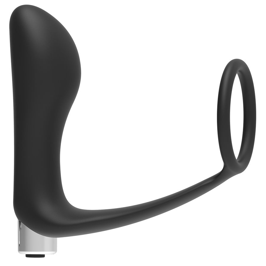 Un masajeador de próstata de silicona negra con cuerpo curvo, base de anillo y puerto de carga plateado.