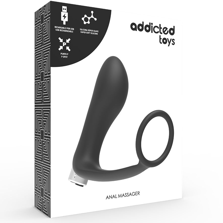 Embalaje para un masajeador anal negro Addicted Toys sobre un fondo blanco.