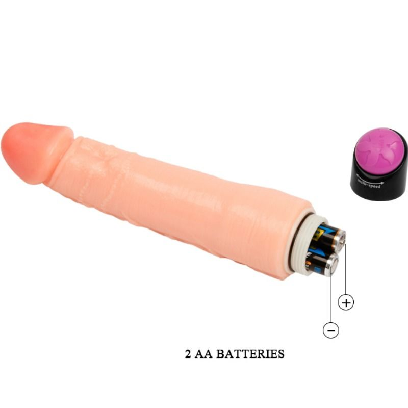 Ein rosafarbener Dildo mit zwei eingelegten AA-Batterien und einer separaten rosa Kappe.