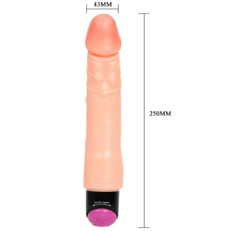 Ein pfirsichfarbenes Silikon-Sexspielzeug mit den Maßen 43 mm Breite und 250 mm Länge vor weißem Hintergrund.
