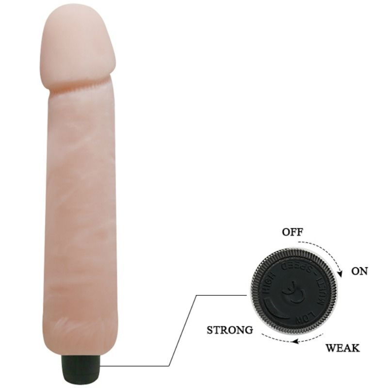 Un juguete sexual del color de la piel con un dial giratorio para niveles de apagado a fuerte.