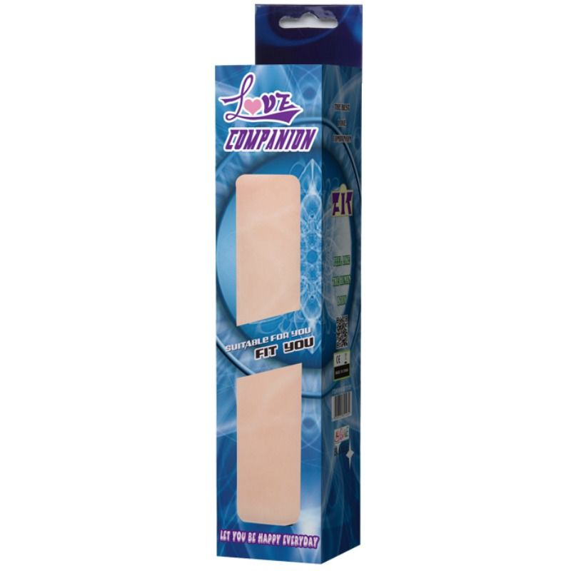 Empaque de producto azul con el texto Love Companion y ventanas transparentes.